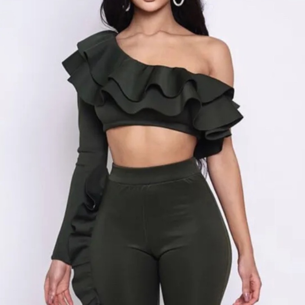 Kloset Envy Olive Ruffle Cropped Top